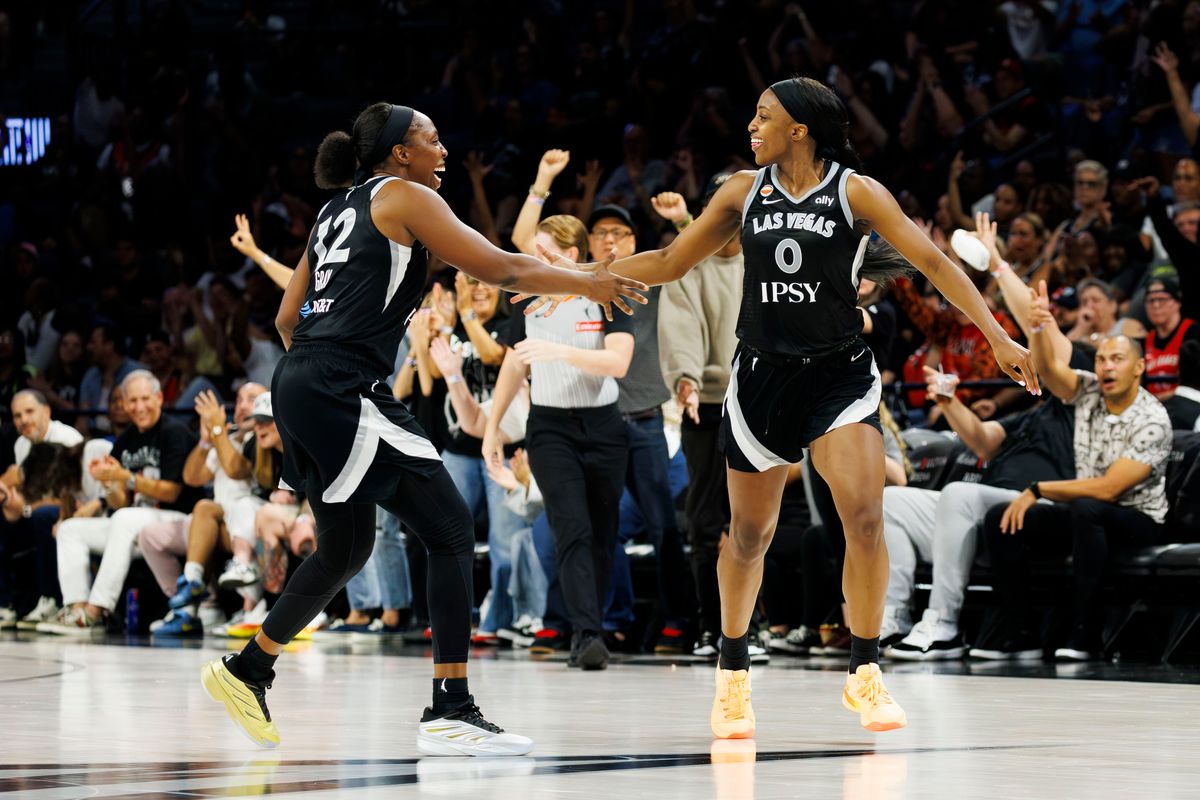 Las Vegas Aces guard Chelsea Gray (12) and Las Vegas Aces guard Jackie Young (0) celebrate a made three during a WNBA game against the Washington Mystics on Tuesday, August 13, 2026, at Michelob ULTRA Arena in Las Vegas, Nevada. Las Vegas Aces guard Chelsea Gray (12) and Las Vegas Aces guard Jackie Young (0) celebrate a made three during a WNBA game against the Washington Mystics on Tuesday, August 13, 2026, at Michelob ULTRA Arena in Las Vegas, Nevada.