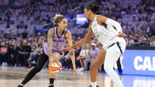 Hustling Valkyries draw first blood, take 1-0 series lead over Aces taken at Chase Center (Las Vegas Aces). Photo by D. Ross Cameron-Imagn Images