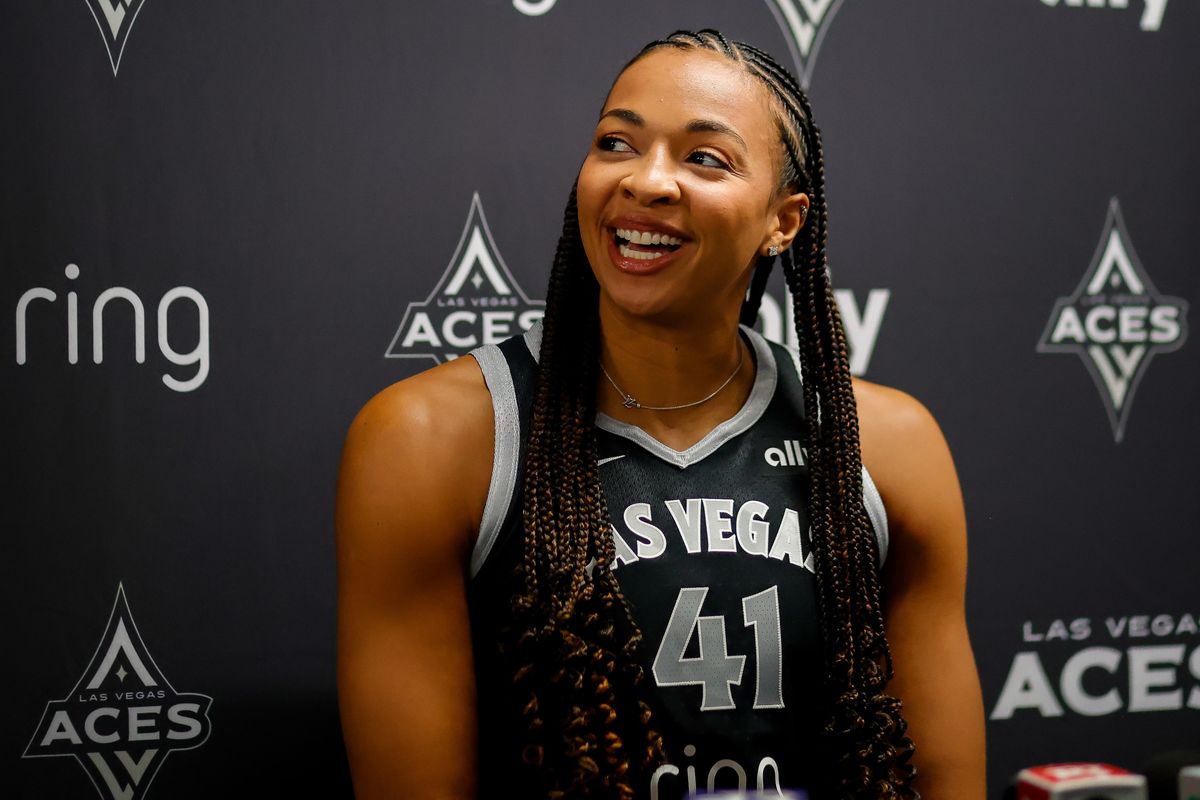 Las Vegas Aces center Kiah Stokes (41) smiles while speaking to the media during the Aces’ media day, Thursday May 8, 2025 in Las Vegas, Nev.
