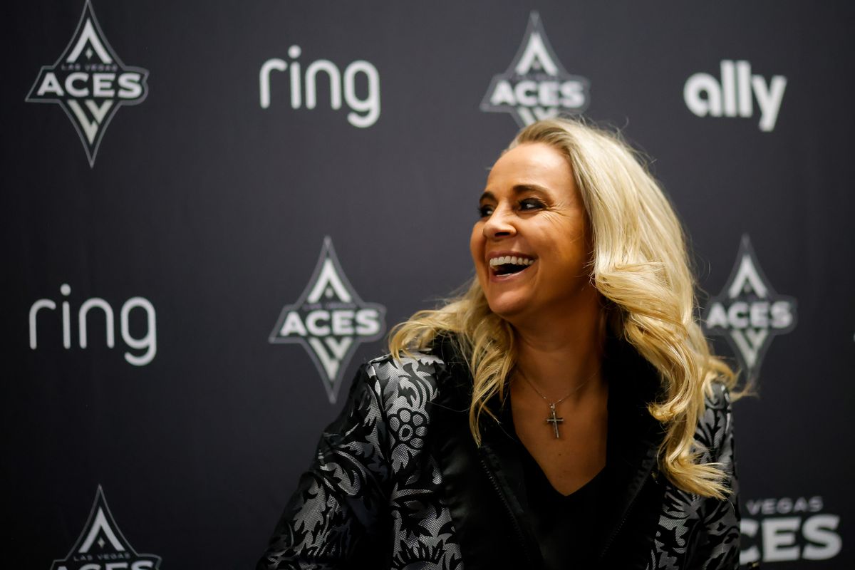 Las Vegas Aces head coach Becky Hammon laughs while speaking to the media during the Aces’ media day, Thursday May 8, 2025 in Las Vegas, Nev.