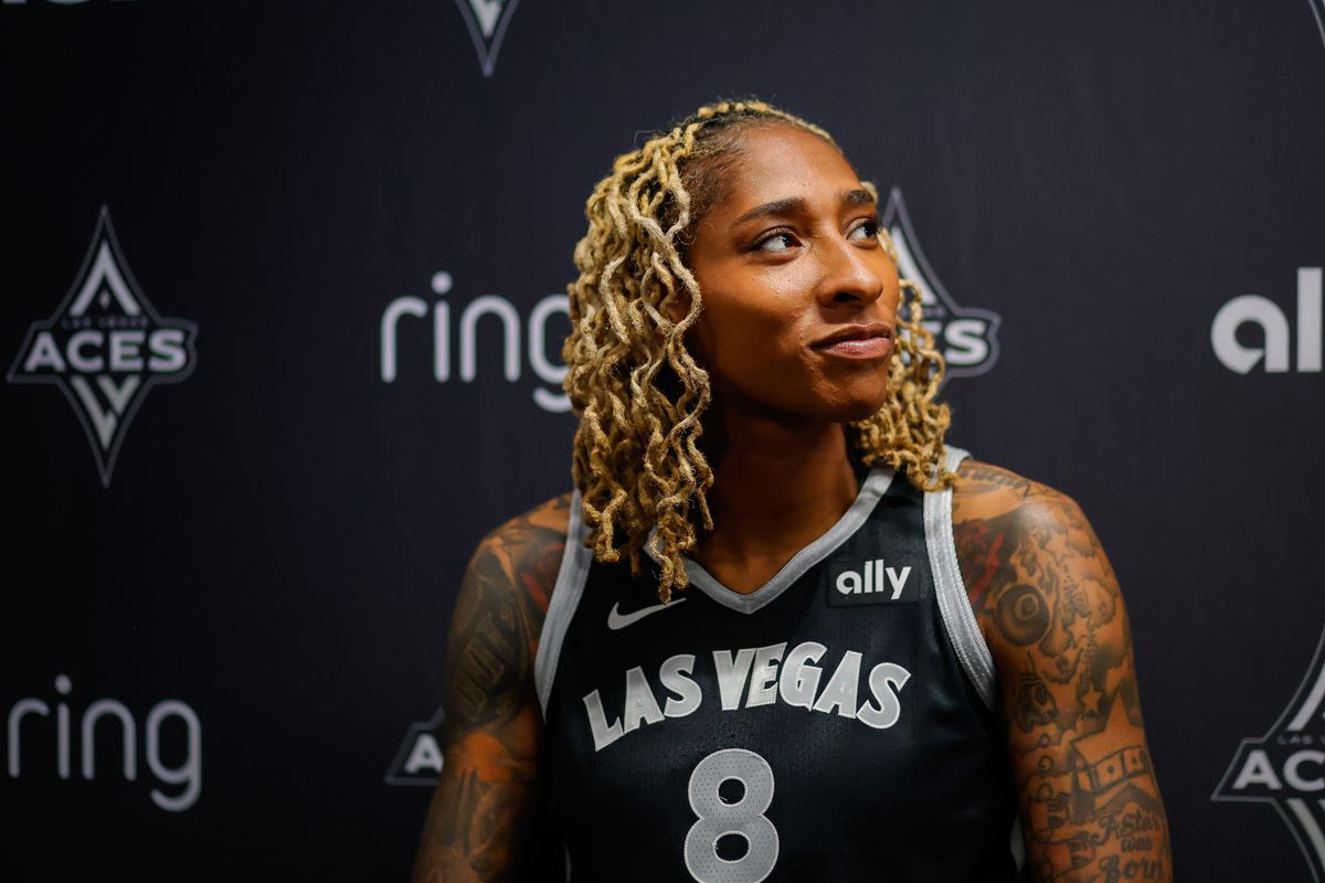 Las Vegas Aces forward Crystal Bradford (8) speaks to the media during the Aces’ media day, Thursday May 8, 2025 in Las Vegas, Nev.
