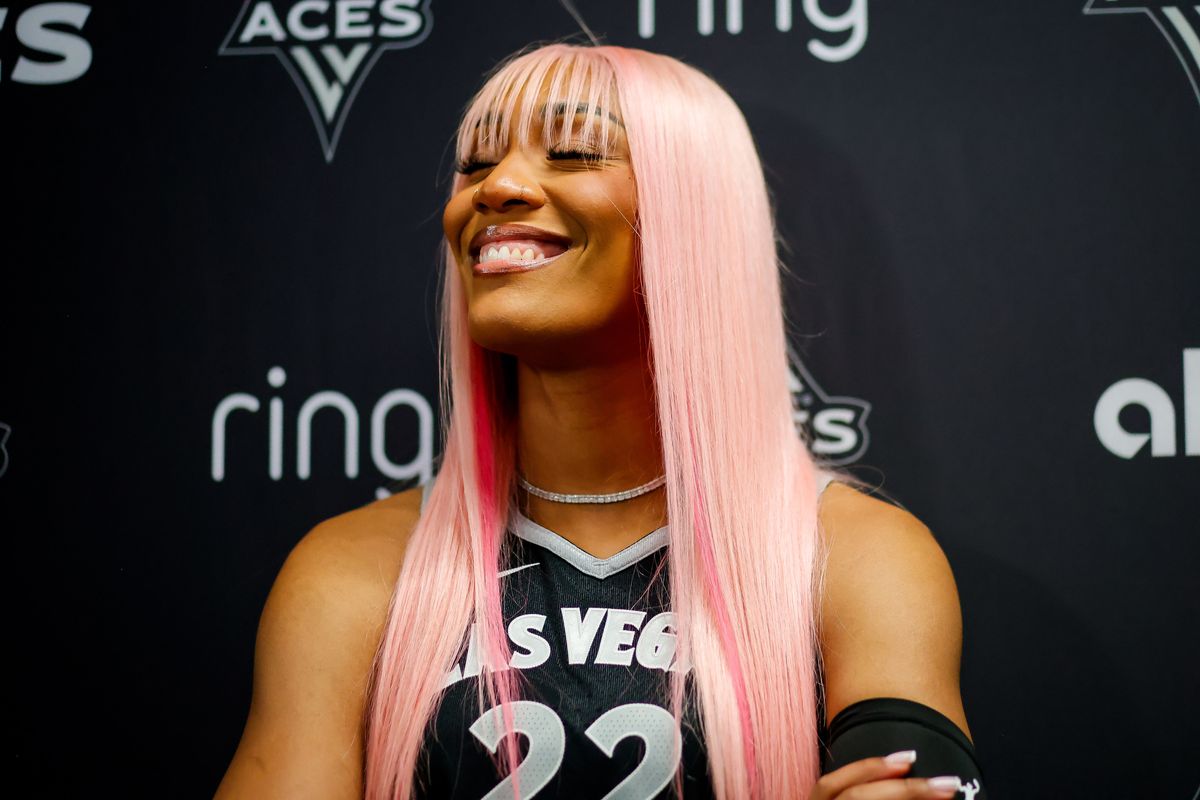 Las Vegas Aces forward A’ja Wilson (22) poses while speaking to the media during the Aces’ media day, Thursday May 8, 2025 in Las Vegas, Nev.