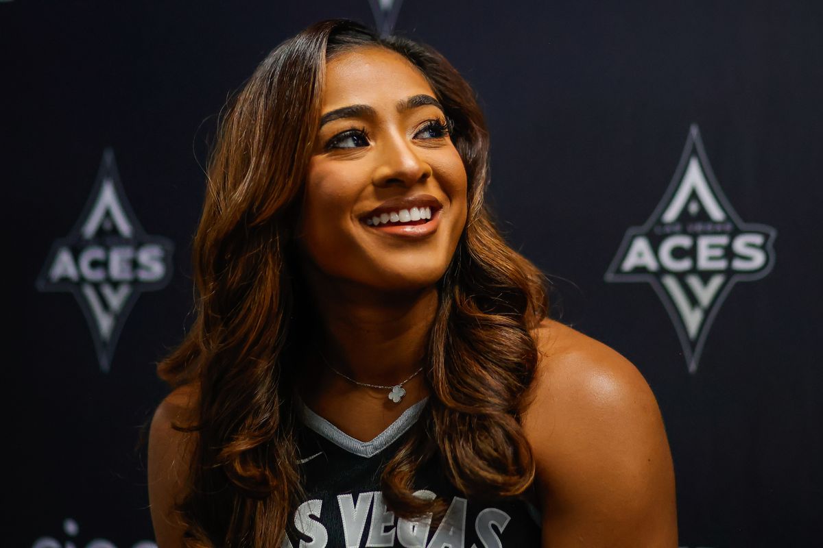 Las Vegas Aces guard Deja Kelly (2) speaks to the media during the Aces’ media day, Thursday May 8, 2025 in Las Vegas, Nev.