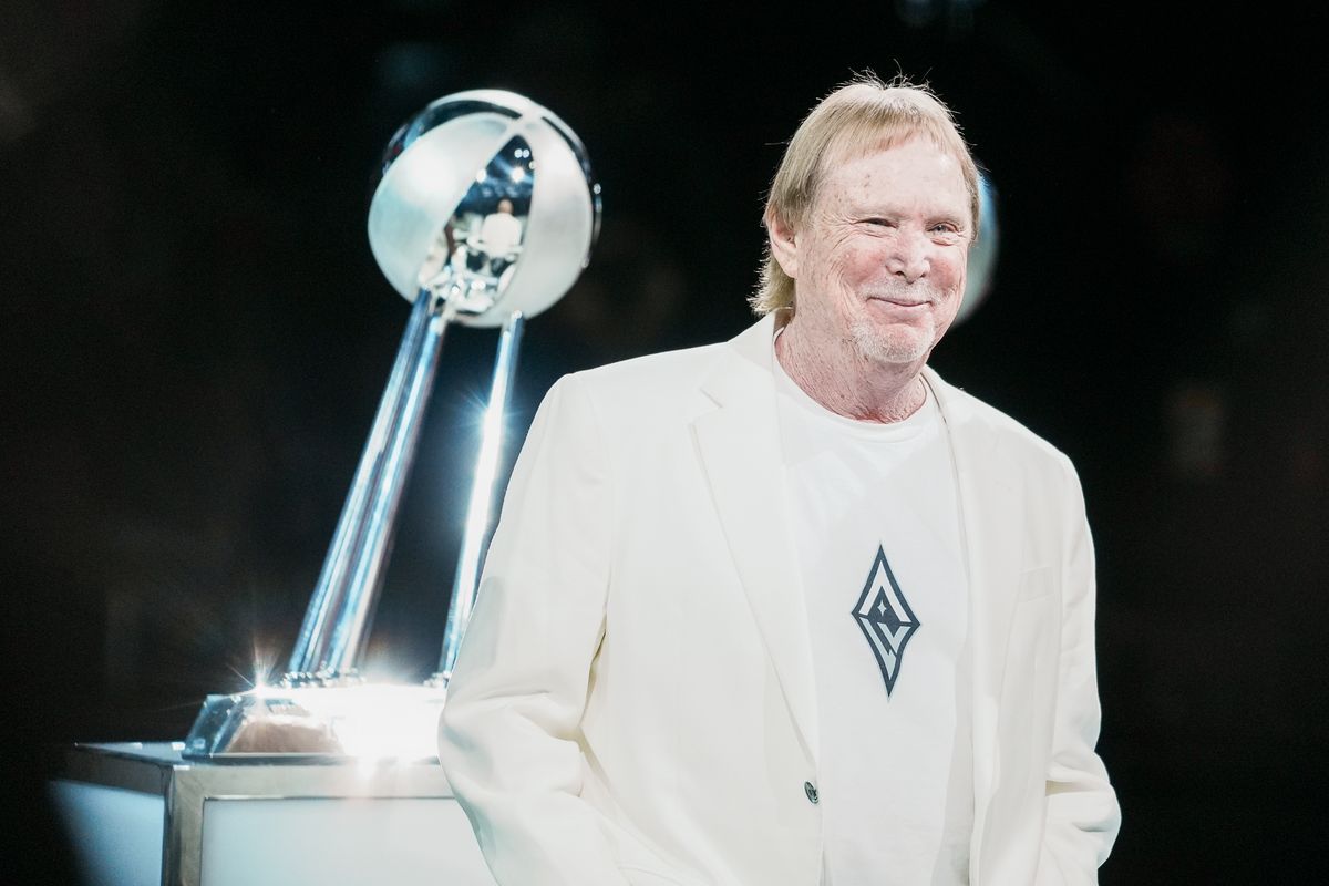 Las Vegas Aces owner Mark Davis awaits the team ahead of the ring ceremony prior to WNBA game against Phoenix Mercury on Saturday May 9, 2026 at T-Mobile Arena in Las Vegas. Las Vegas Aces owner Mark Davis awaits the team ahead of the ring ceremony prior to WNBA game against Phoenix Mercury on Saturday May 9, 2026 at T-Mobile Arena in Las Vegas.