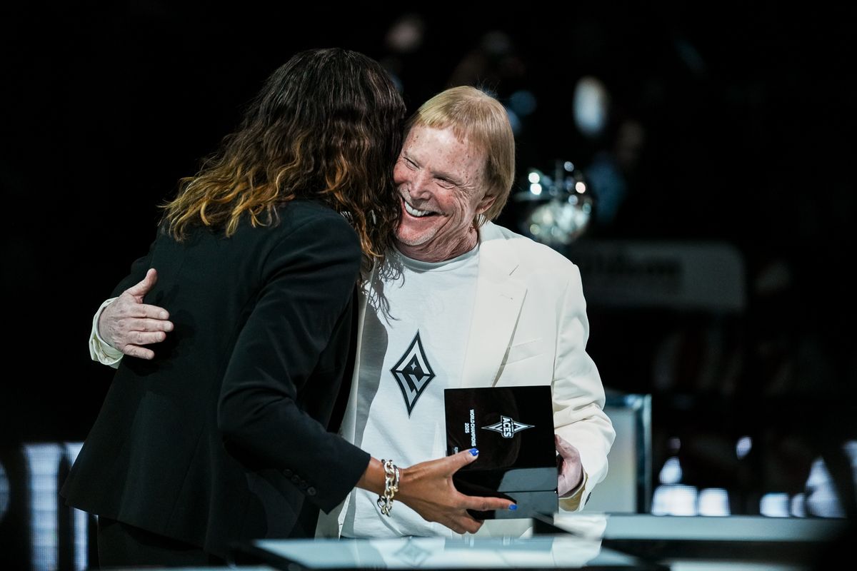Las Vegas Aces president Nikki Fargas embraces team owner Mark Davis and accepts her ring during the championship ring ceremony prior to WNBA game against Phoenix Mercury on Saturday May 9, 2026 at T-Mobile Arena in Las Vegas. Las Vegas Aces president Nikki Fargas embraces team owner Mark Davis and accepts her ring during the championship ring ceremony prior to WNBA game against Phoenix Mercury on Saturday May 9, 2026 at T-Mobile Arena in Las Vegas.