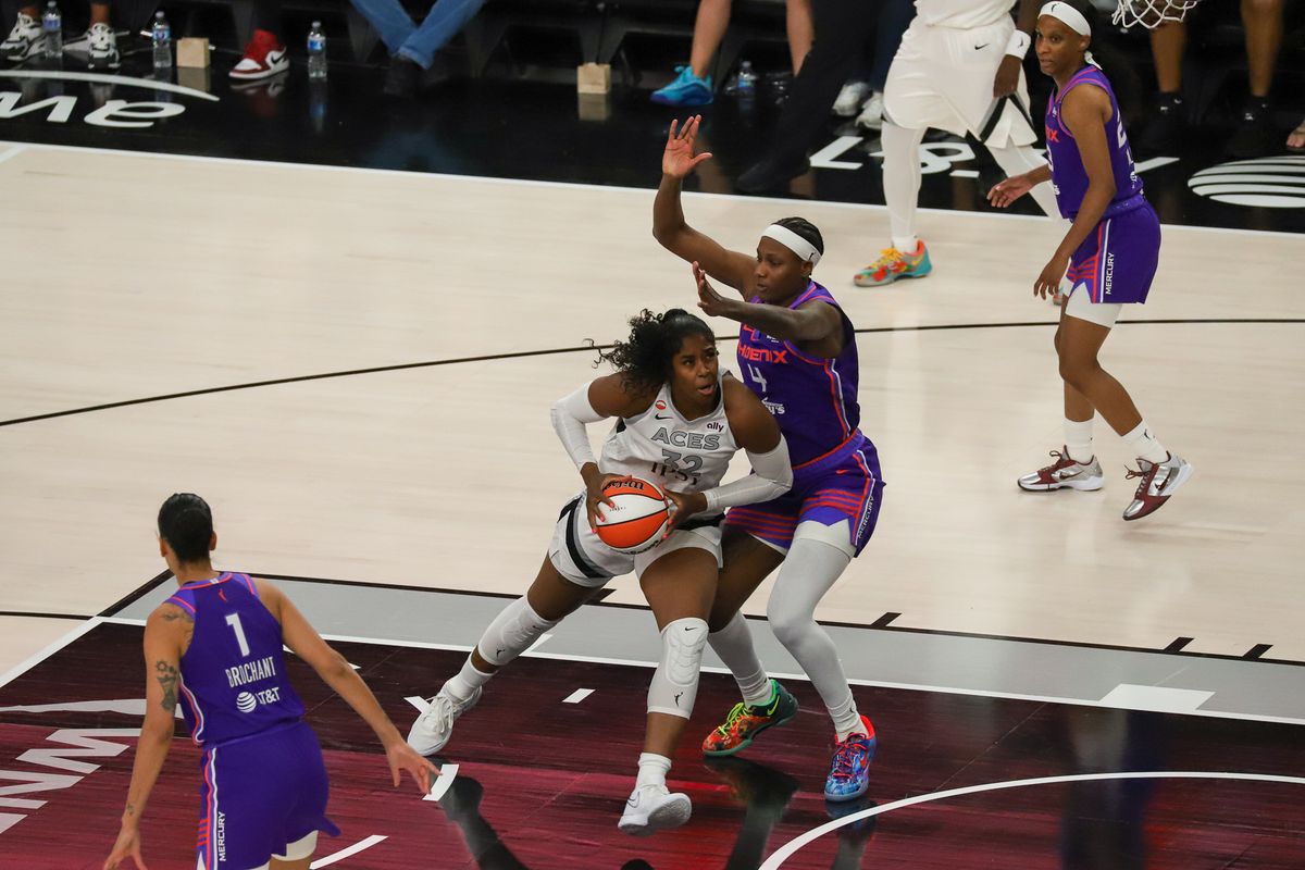 Las Vegas Aces forward Cheyenne Parker-Tyus (32) drives towards the basket while guarded by Mercury Natasha Mack (4) during first half of WNBA game against Phoenix Mercury on Saturday May 9, 2026 at T-Mobile Arena in Las Vegas. Las Vegas Aces forward Cheyenne Parker-Tyus (32) drives towards the basket while guarded by Mercury Natasha Mack (4) during first half of WNBA game against Phoenix Mercury on Saturday May 9, 2026 at T-Mobile Arena in Las Vegas.