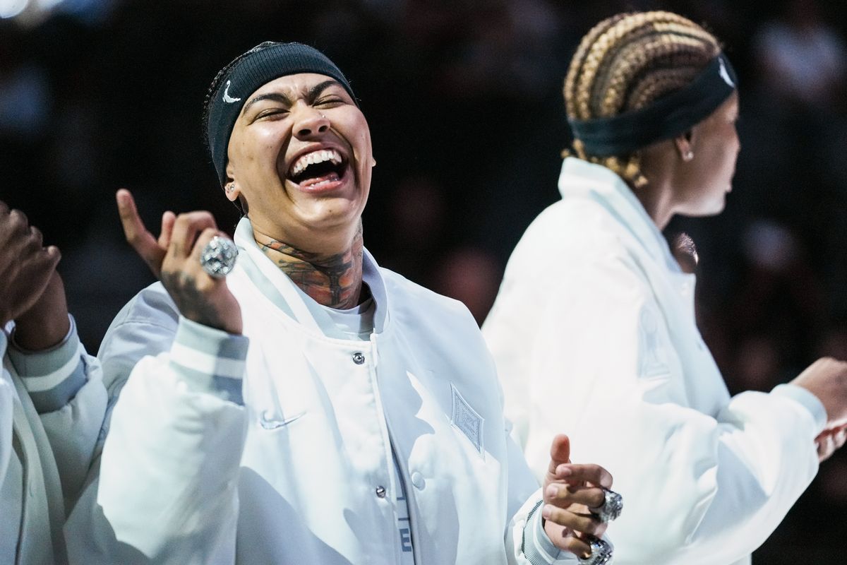 Las Vegas Aces forward Kiersten Bell (1) smiles during the championship ring ceremony ahead of WNBA game against Phoenix Mercury on Saturday May 9, 2026 at T-Mobile Arena in Las Vegas. Las Vegas Aces forward Kiersten Bell (1) smiles during the championship ring ceremony ahead of WNBA game against Phoenix Mercury on Saturday May 9, 2026 at T-Mobile Arena in Las Vegas.