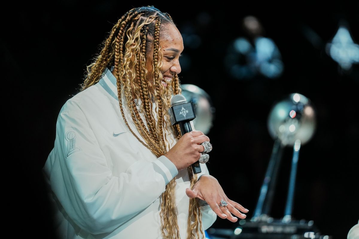 Las Vegas Aces center A’ja Wilson (22) shows off her ring during the championship ring ceremony ahead of WNBA game against Phoenix Mercury on Saturday May 9, 2026 at T-Mobile Arena in Las Vegas. Las Vegas Aces center A’ja Wilson (22) shows off her ring during the championship ring ceremony ahead of WNBA game against Phoenix Mercury on Saturday May 9, 2026 at T-Mobile Arena in Las Vegas.