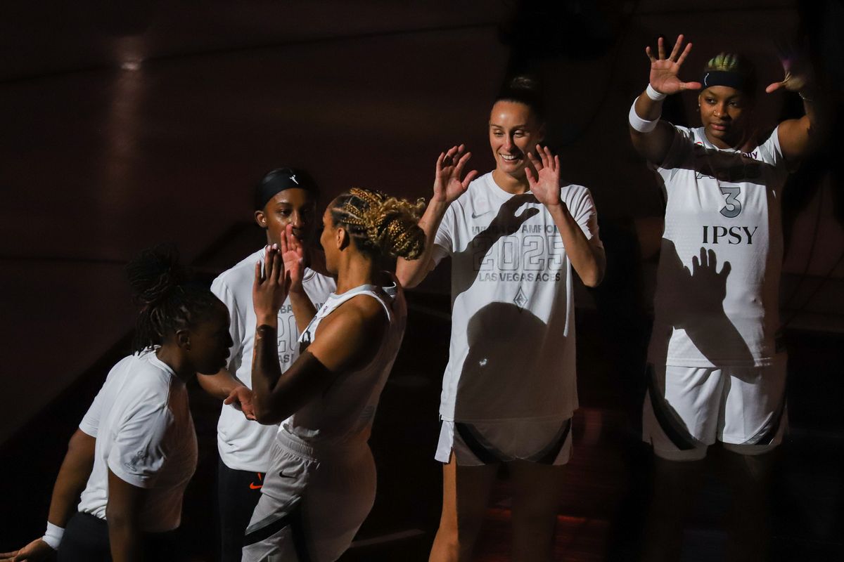 Las Vegas Aces center A’ja Wilson (22) is welcomed to the court by her teammates ahead of WNBA game against Phoenix Mercury on Saturday May 9, 2026 at T-Mobile Arena in Las Vegas. Las Vegas Aces center A’ja Wilson (22) is welcomed to the court by her teammates ahead of WNBA game against Phoenix Mercury on Saturday May 9, 2026 at T-Mobile Arena in Las Vegas.