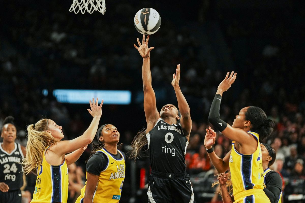 Las Vegas Aces guard Jackie Young (0) shoots the ball during WNBA game against Los Angeles Sparks on Friday May 30, 2025 in Las Vegas.  