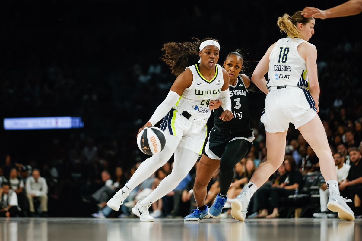 Dallas Wings guard Arike Ogunbowale (24) dribbles past a screen towards the basket during a WNBA game between the Las Vegas Aces and the Dallas Wings, Friday June 13, 2025 in Las Vegas, Nev.