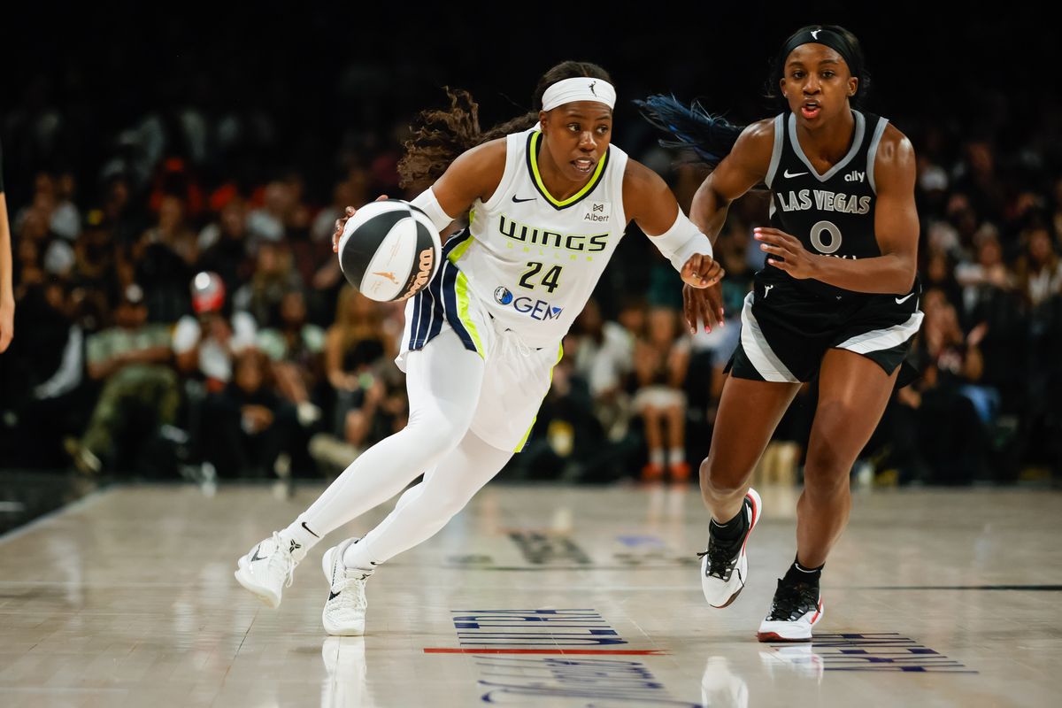 Dallas Wings guard Arike Ogunbowale (24) dribbles past Las Vegas Aces guard Jackie Young (0) during a WNBA game between the Las Vegas Aces and the Dallas Wings, Friday June 13, 2025 in Las Vegas, Nev.