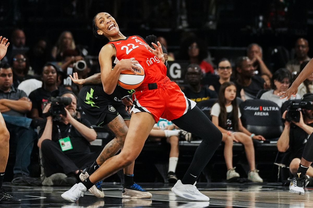 Las Vegas Aces center A’ja Wilson (22) maintains possession of the ball during WNBA game against Seattle Storm on Friday June 20 2025 in Las Vegas.