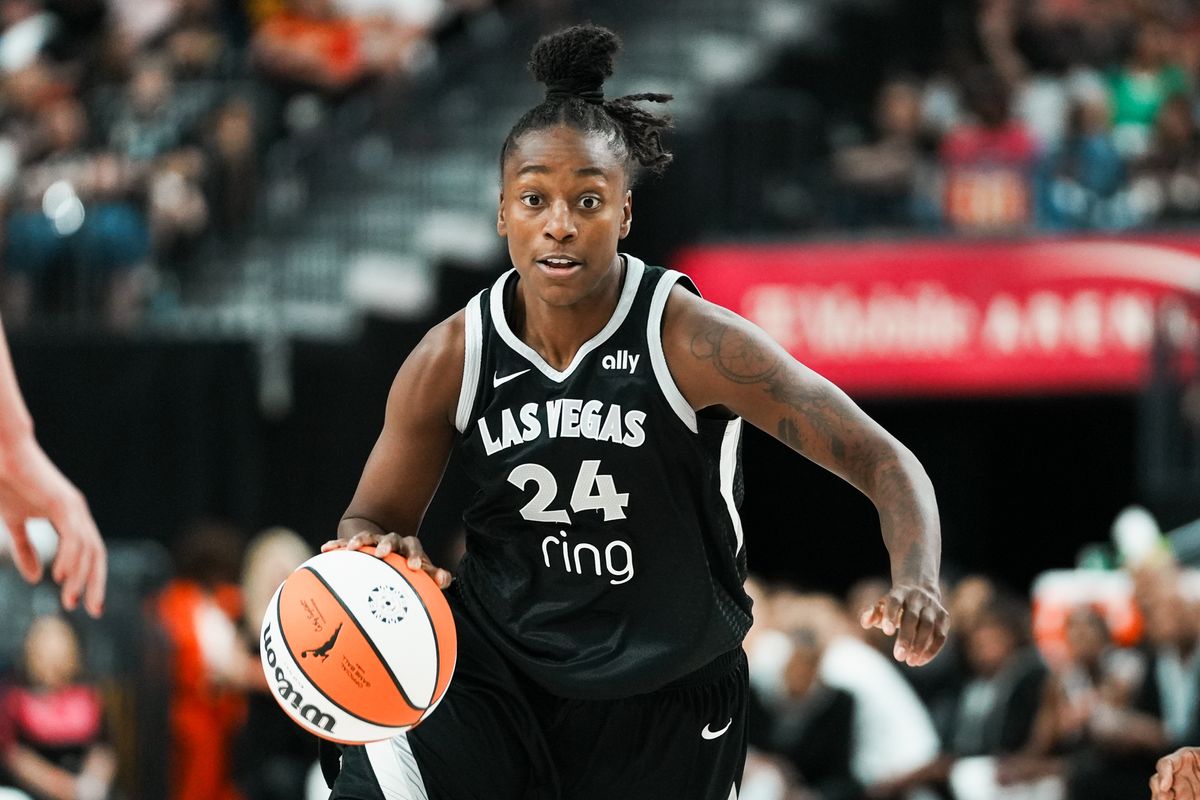 Las Vegas Aces guard Jewell Loyd (24) takes the ball down the court during WNBA game against Indiana Fever on Sunday June 22 2025 in Las Vegas.  
