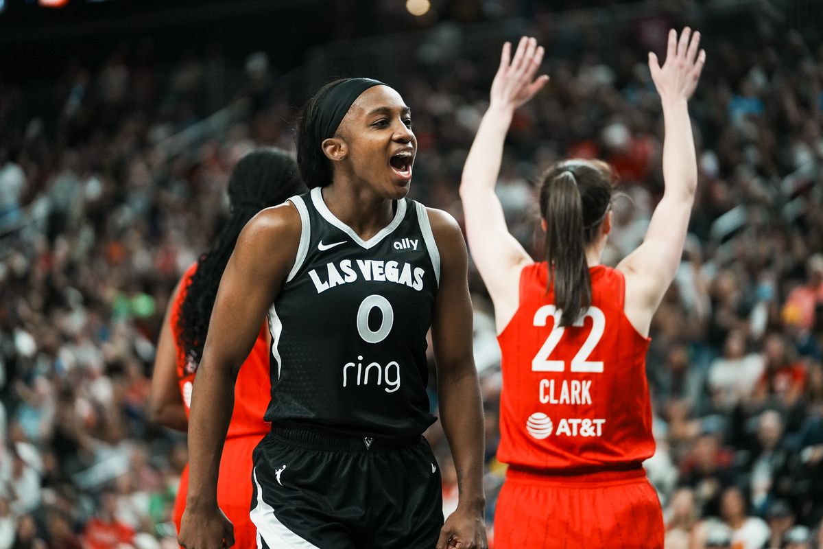 Las Vegas Aces guard Jackie Young (0) celebrates a successful play during WNBA game against Indiana Fever on Sunday June 22 2025 in Las Vegas.  