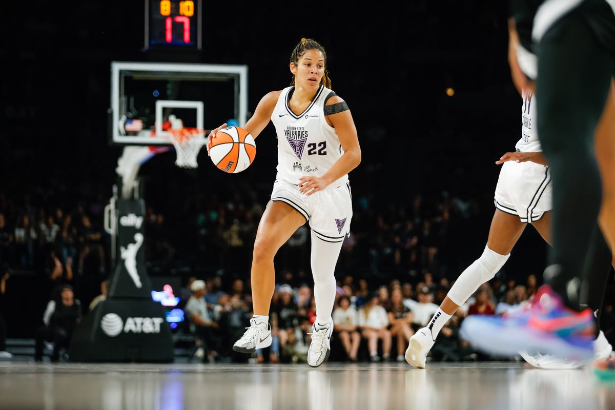 Golden State Valkyries guard Veronica Burton (22) dribbles the ball towards the basket during a WNBA game between the Las Vegas Aces and the Golden State Valkyries, Saturday July 12, 2025 in Las Vegas, Nev.