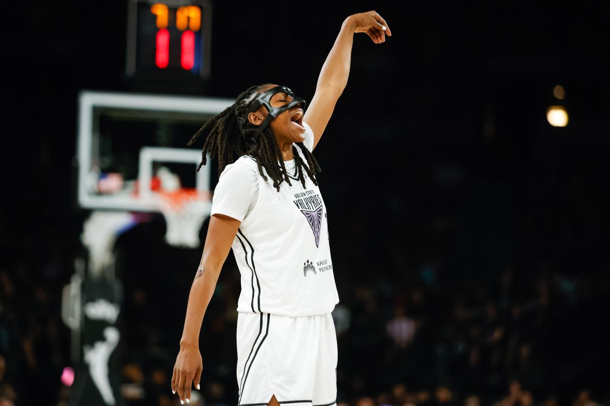 Golden State Valkyries guard Tiffany Hayes (15) yells in celebration after scoring a three-point basket during a WNBA game between the Las Vegas Aces and the Golden State Valkyries, Saturday July 12, 2025 in Las Vegas, Nev.