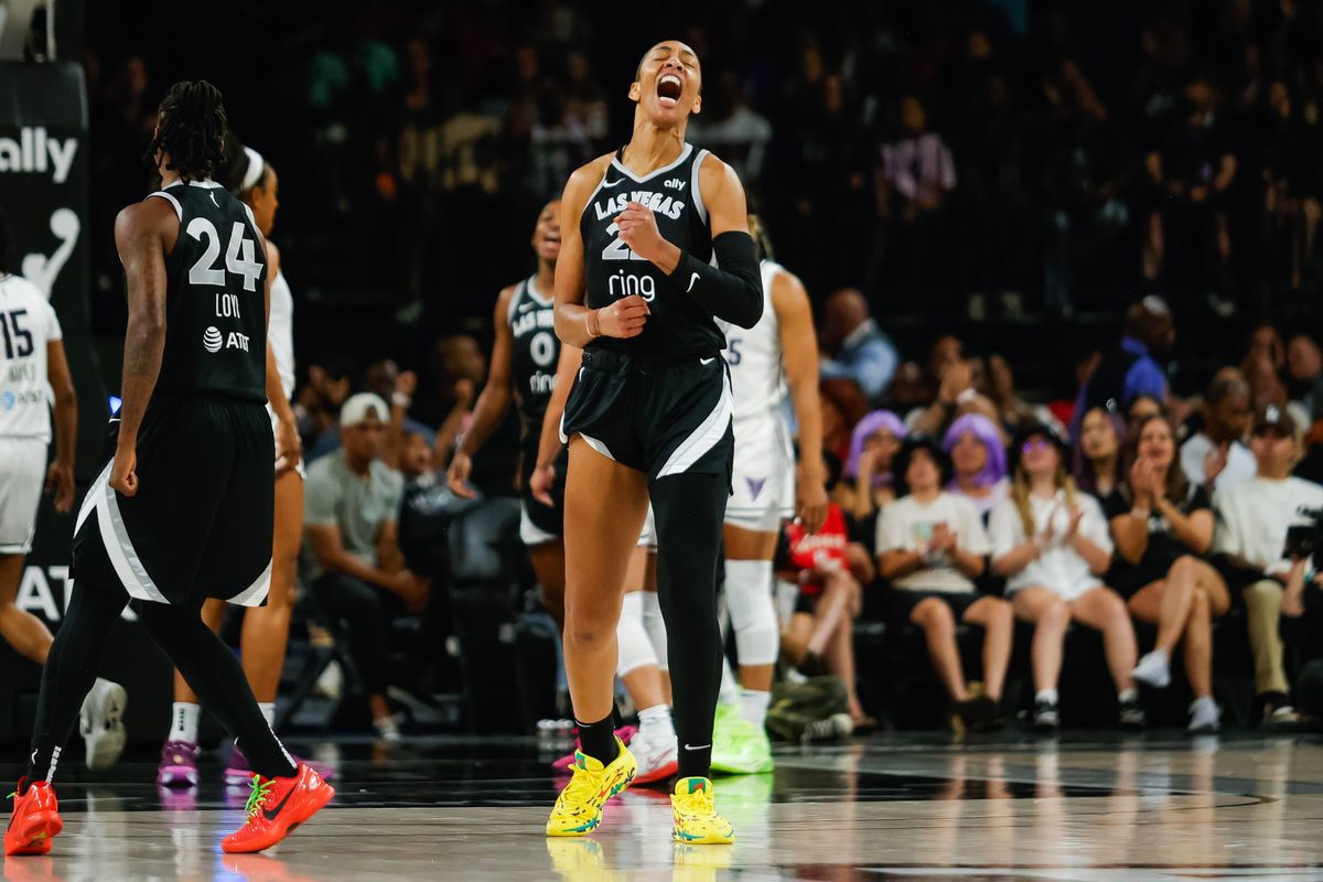 Las Vegas Aces forward A’ja Wilson (22) yells in celebration after scoring an and-one basket during a WNBA game between the Las Vegas Aces and the Golden State Valkyries, Saturday July 12, 2025 in Las Vegas, Nev.