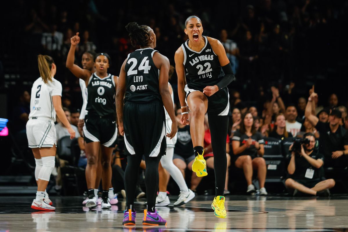 Las Vegas Aces forward A’ja Wilson (22) yells in celebration after scoring an and-one basket during a WNBA game between the Las Vegas Aces and the Golden State Valkyries, Sunday August 3, 2025 in Las Vegas, Nev.