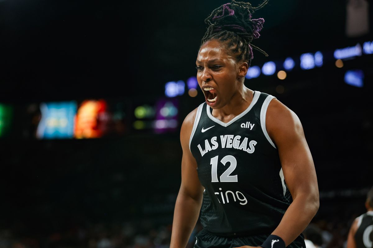 Las Vegas Aces guard Chelsea Gray (12) yells in frustration after a foul call during a WNBA game between the Las Vegas Aces and the Golden State Valkyries, Sunday August 3, 2025 in Las Vegas, Nev.