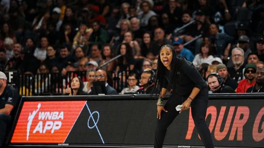 Seattle Storm coach Noelle Quinn coaches her team during the second half of WNBA game against Las Vegas Aces Friday August 8, 2025 in Las Vegas.  