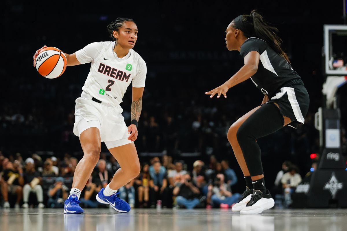 Atlanta Dream guard Te-Hina Paopao (2) dribbles the ball up the court during a WNBA game between the Las Vegas Aces and the Atlanta Dream, Tuesday August 19, 2025 in Las Vegas, Nev. Atlanta Dream guard Te-Hina Paopao (2) dribbles the ball up the court during a WNBA game between the Las Vegas Aces and the Atlanta Dream, Tuesday August 19, 2025 in Las Vegas, Nev.