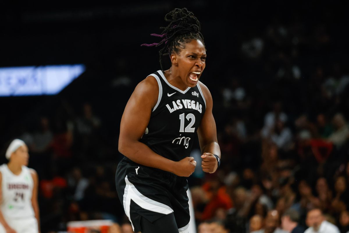 Las Vegas Aces guard Chelsea Gray (12) yells in celebration during a WNBA game between the Las Vegas Aces and the Atlanta Dream, Tuesday August 19, 2025 in Las Vegas, Nev. Las Vegas Aces guard Chelsea Gray (12) yells in celebration during a WNBA game between the Las Vegas Aces and the Atlanta Dream, Tuesday August 19, 2025 in Las Vegas, Nev.