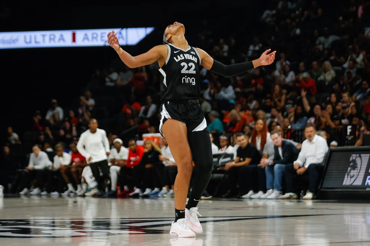 Las Vegas Aces forward A’ja Wilson (22) looks up in relief after making a three-point shot during a WNBA game between the Las Vegas Aces and the Atlanta Dream, Tuesday August 19, 2025 in Las Vegas, Nev. Las Vegas Aces forward A’ja Wilson (22) looks up in relief after making a three-point shot during a WNBA game between the Las Vegas Aces and the Atlanta Dream, Tuesday August 19, 2025 in Las Vegas, Nev.