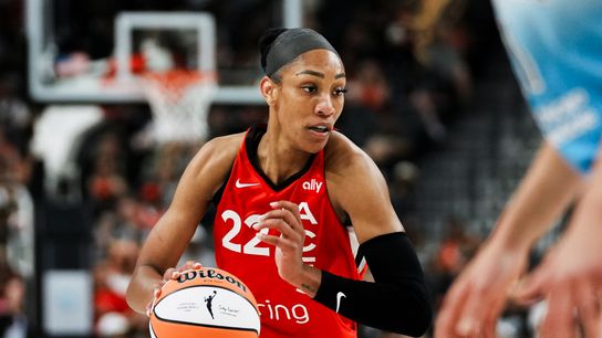 Aces win 14th straight while campaigning for A'ja Wilson to win fourth MVP during dominating win over Chicago taken at T-Mobile Arena (Las Vegas Aces)
