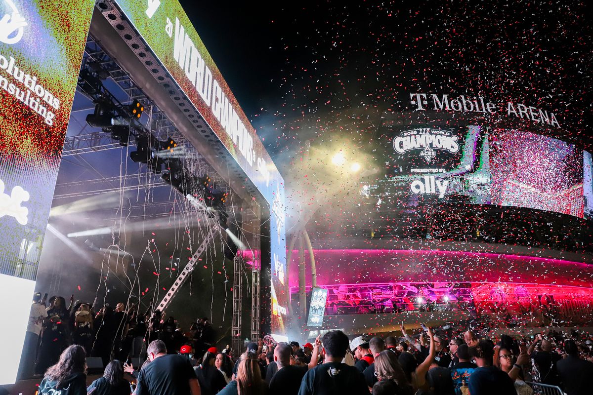 Las Vegas Aces fans celebrate during the Aces’ championship parade, Friday October 17, 2025 in Las Vegas, Nev. Las Vegas Aces fans celebrate during the Aces’ championship parade, Friday October 17, 2025 in Las Vegas, Nev.