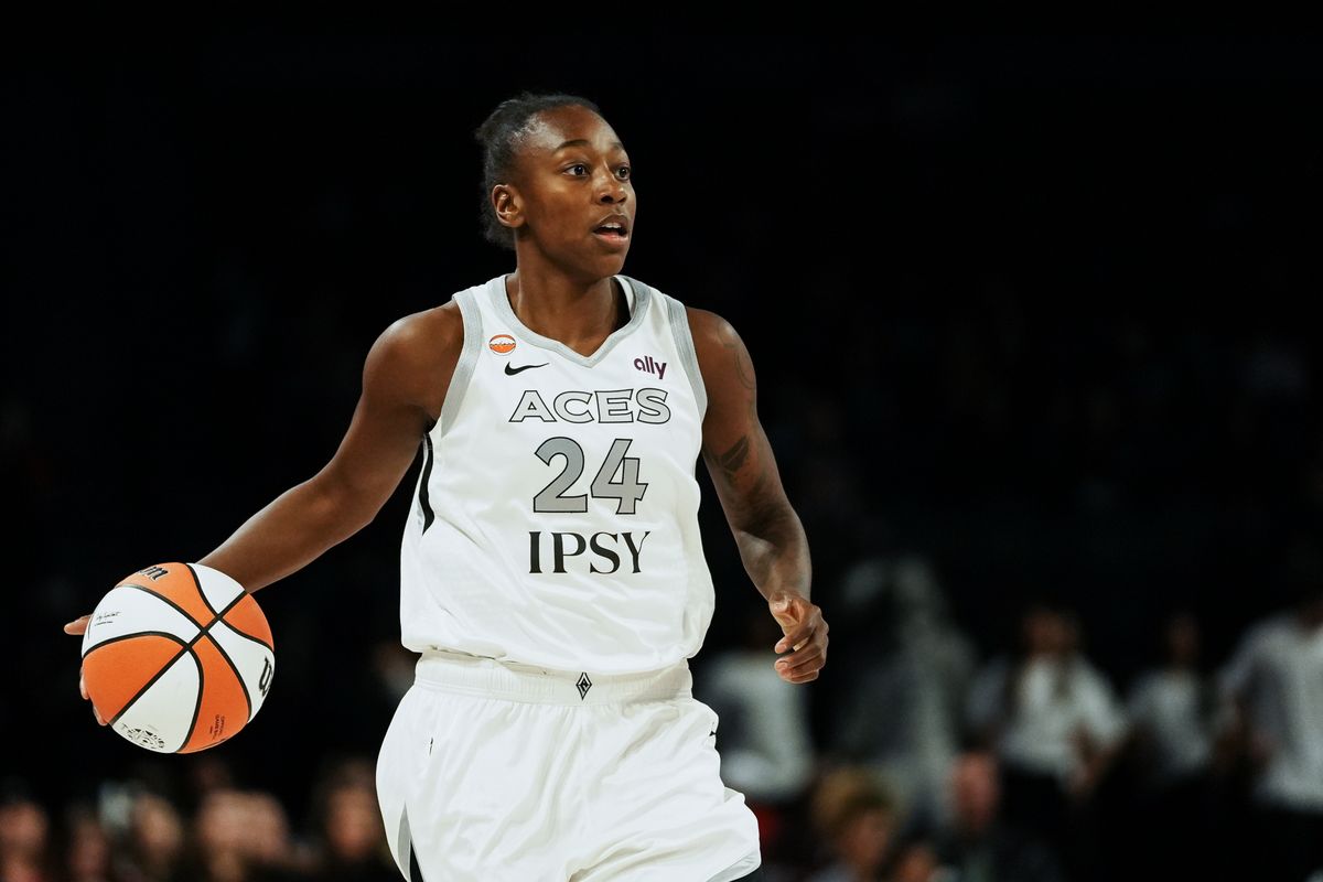 Las Vegas Aces guard Jewell Loyd (24) takes the ball down the court during first half of WNBA preseason game on Sunday April 26, 2026 at Michelob Ultra Arena in Las Vegas.