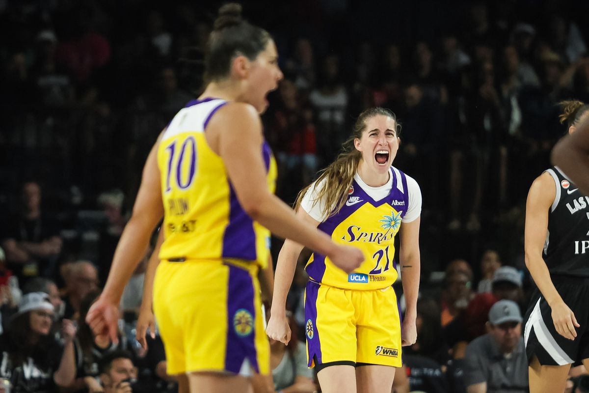 Los Angeles Sparks guard Kate Martin (20) yells in celebration during a WNBA game between the Las Vegas Aces and the Los Angeles Sparks, Saturday May 23, 2026 in Las Vegas, Nev.
