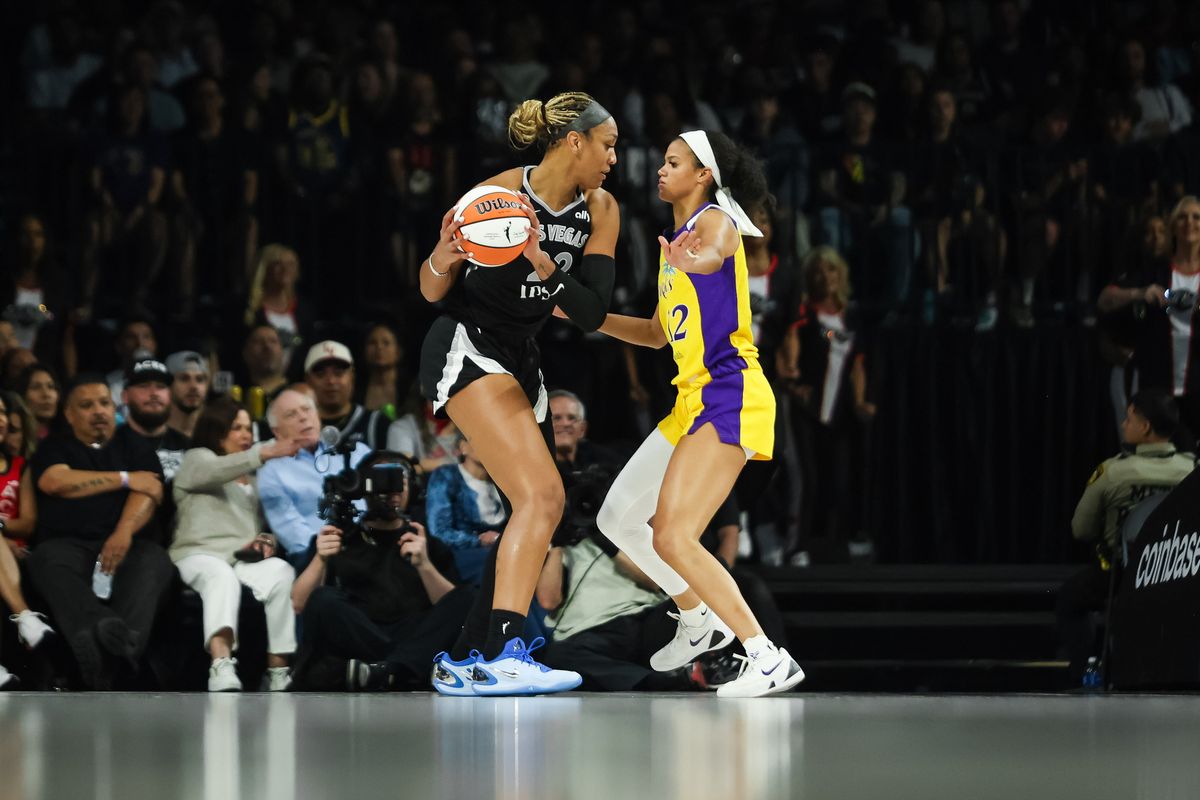 Las Vegas Aces forward A’ja Wilson (22) looks to make a move towards the basket during a WNBA game between the Las Vegas Aces and the Los Angeles Sparks, Saturday May 23, 2026 in Las Vegas, Nev.