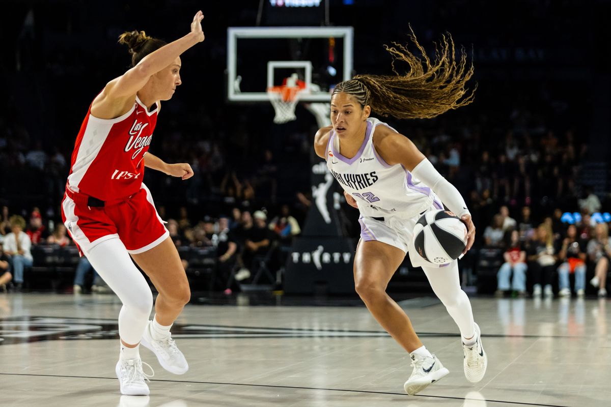 Golden State Valkyries guard Veronica Burton (22) dribbles towards the basket during a WNBA game between the Las Vegas Aces and the Golden State Valkyries, Saturday June 6, 2026 in Las Vegas, Nev. Golden State Valkyries guard Veronica Burton (22) dribbles towards the basket during a WNBA game between the Las Vegas Aces and the Golden State Valkyries, Saturday June 6, 2026 in Las Vegas, Nev.