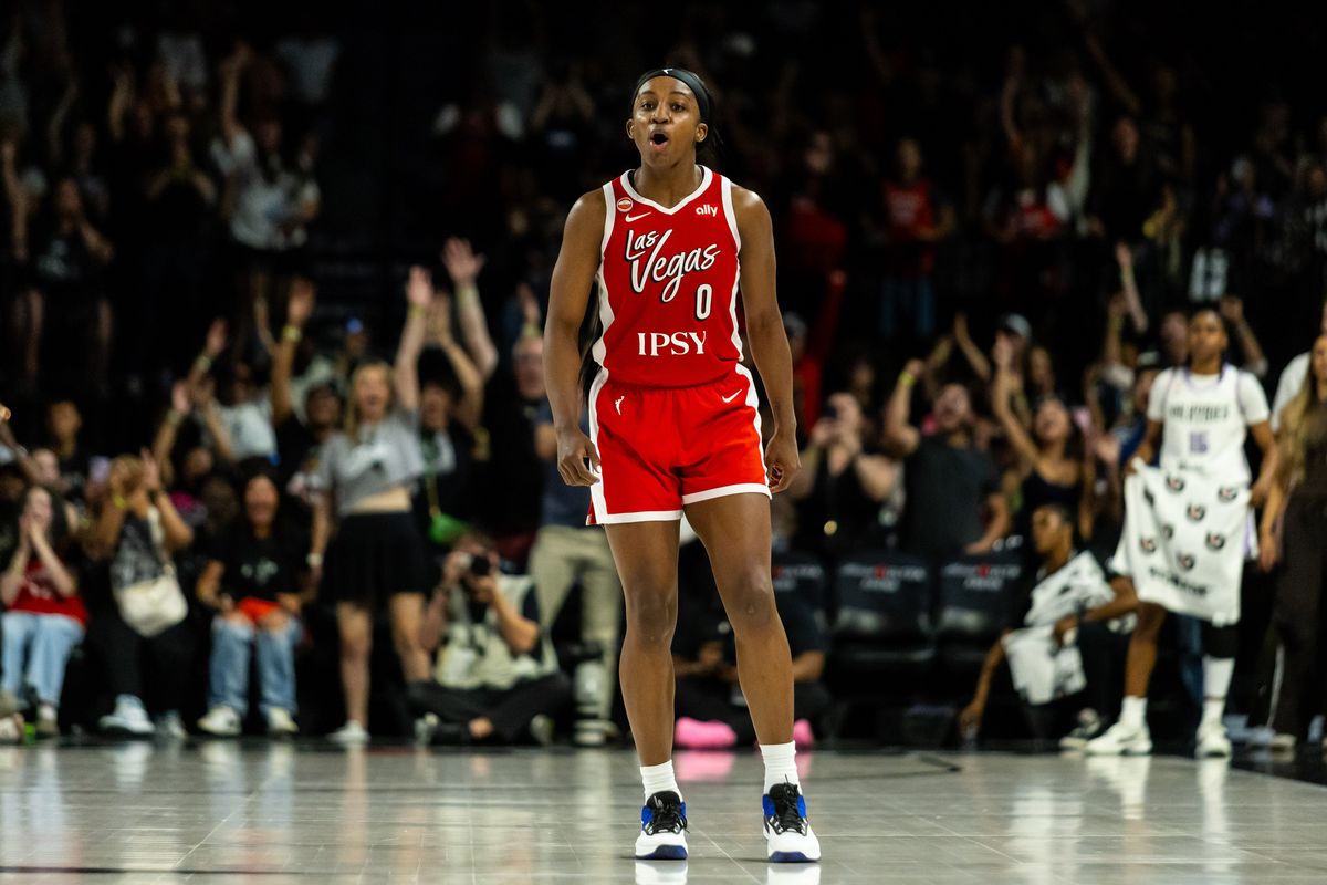Las Vegas Aces guard Jackie Young (0) yells in celebration after scoring a three-point shot during a WNBA game between the Las Vegas Aces and the Golden State Valkyries, Saturday June 6, 2026 in Las Vegas, Nev. Las Vegas Aces guard Jackie Young (0) yells in celebration after scoring a three-point shot during a WNBA game between the Las Vegas Aces and the Golden State Valkyries, Saturday June 6, 2026 in Las Vegas, Nev.