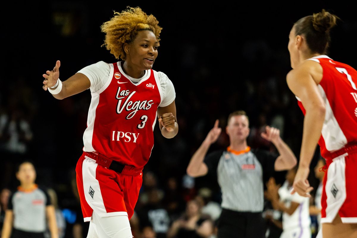 Las Vegas Aces forward NaLyssa Smith (3) high-fives teammates in celebration during a WNBA game between the Las Vegas Aces and the Golden State Valkyries, Saturday June 6, 2026 in Las Vegas, Nev. Las Vegas Aces forward NaLyssa Smith (3) high-fives teammates in celebration during a WNBA game between the Las Vegas Aces and the Golden State Valkyries, Saturday June 6, 2026 in Las Vegas, Nev.