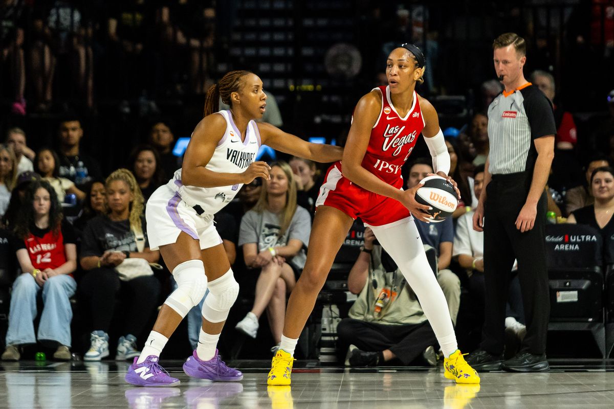 Las Vegas Aces forward A’ja Wilson (22) backs into Golden State Valkyries forward Kayla Thorton (5) in the post during a WNBA game between the Las Vegas Aces and the Golden State Valkyries, Saturday June 6, 2026 in Las Vegas, Nev. Las Vegas Aces forward A’ja Wilson (22) backs into Golden State Valkyries forward Kayla Thorton (5) in the post during a WNBA game between the Las Vegas Aces and the Golden State Valkyries, Saturday June 6, 2026 in Las Vegas, Nev.