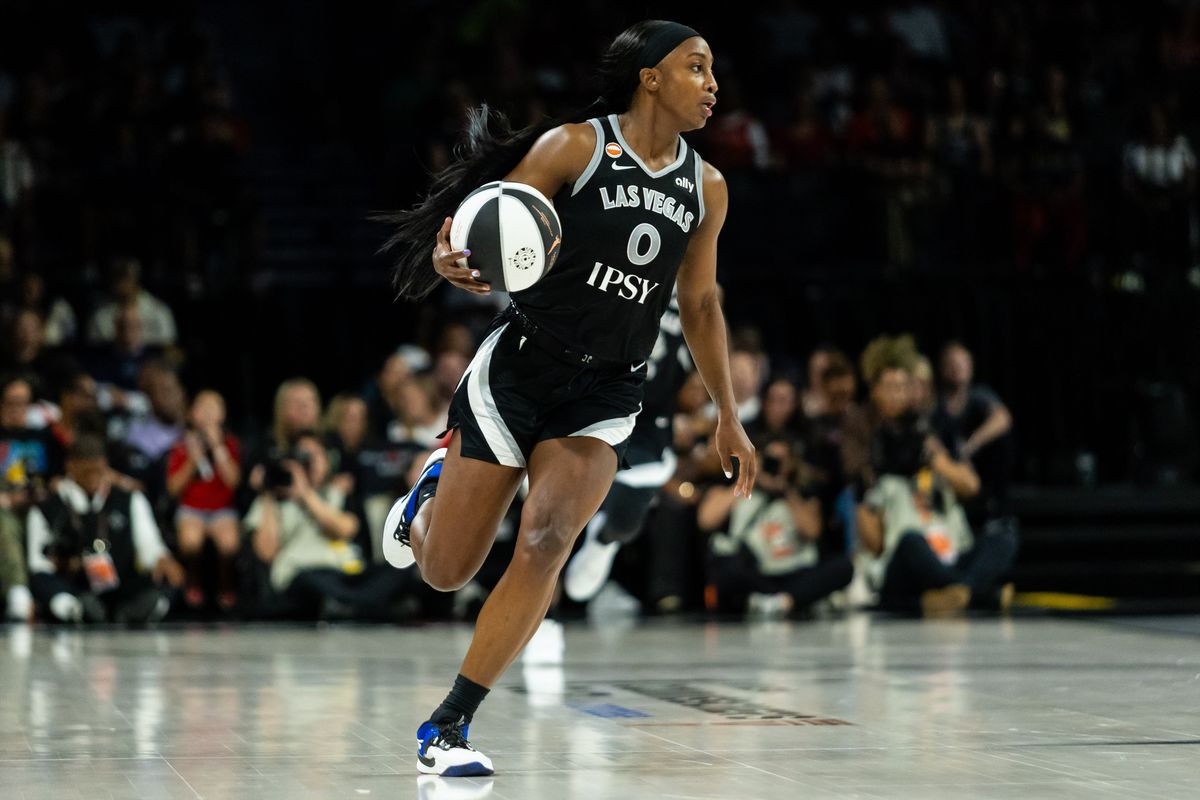 Las Vegas Aces guard Jackie Young (0) dribbles the ball up the court during a WNBA game between the Las Vegas Aces and the Seattle Storm, Monday June 8, 2026 in Las Vegas, Nev. Las Vegas Aces guard Jackie Young (0) dribbles the ball up the court during a WNBA game between the Las Vegas Aces and the Seattle Storm, Monday June 8, 2026 in Las Vegas, Nev.