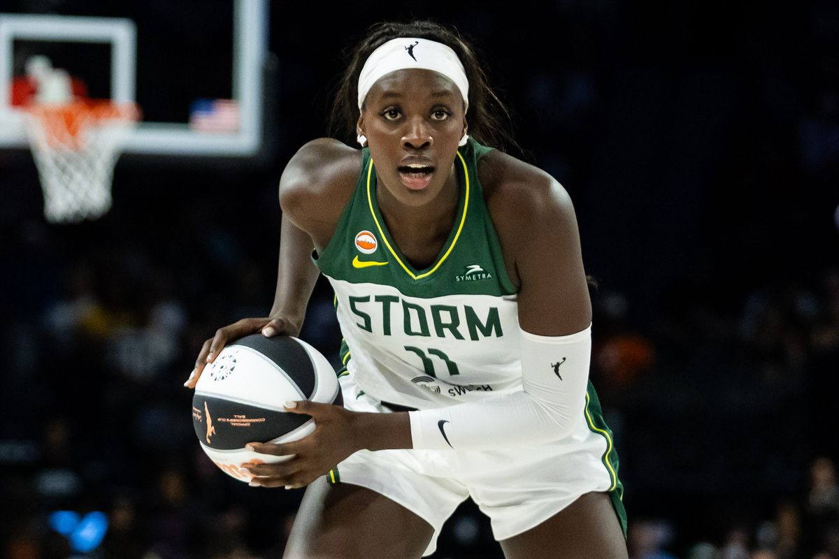Seattle Storm center Awa Fam (11) looks for a teammate to pass the ball to during a WNBA game between the Las Vegas Aces and the Seattle Storm, Monday June 8, 2026 in Las Vegas, Nev. Seattle Storm center Awa Fam (11) looks for a teammate to pass the ball to during a WNBA game between the Las Vegas Aces and the Seattle Storm, Monday June 8, 2026 in Las Vegas, Nev.
