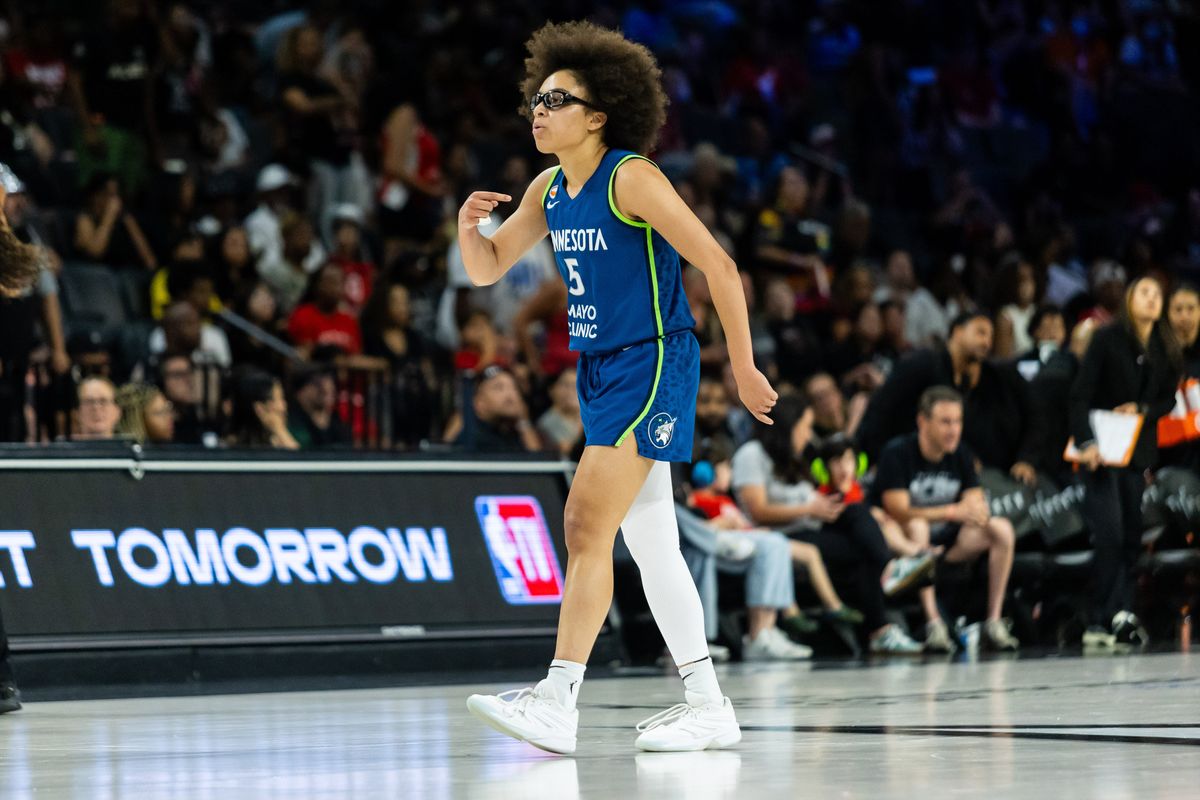 Minnesota Lynx guard Olivia Miles (5) points to herself in celebration after scoring a three-point shot during a WNBA game between the Las Vegas Aces and the Minnesota Lynx, Saturday June 13, 2026 in Las Vegas, Nev. Minnesota Lynx guard Olivia Miles (5) points to herself in celebration after scoring a three-point shot during a WNBA game between the Las Vegas Aces and the Minnesota Lynx, Saturday June 13, 2026 in Las Vegas, Nev.