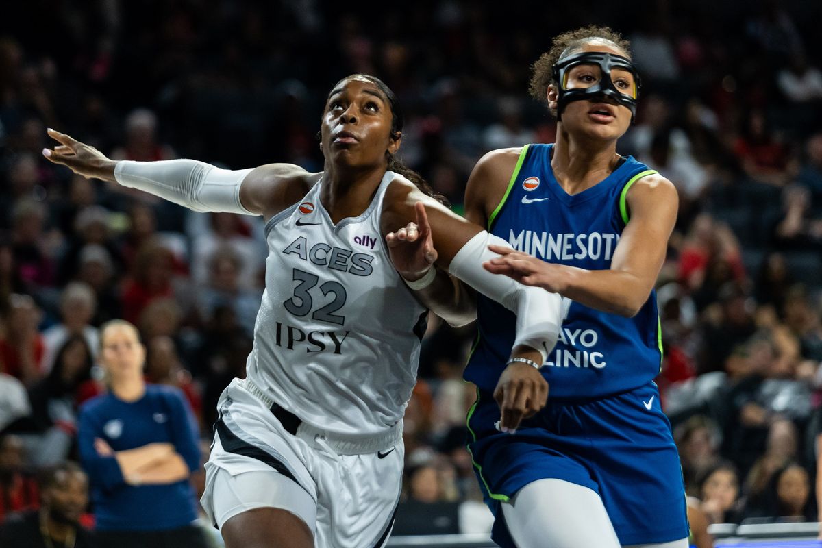 Las Vegas Aces forward Cheyenne Parker-Tyus (32) boxes out Minnesota Lynx forward Anastasiia Olairi Kosu (7) during a WNBA game between the Las Vegas Aces and the Minnesota Lynx, Saturday June 13, 2026 in Las Vegas, Nev. Las Vegas Aces forward Cheyenne Parker-Tyus (32) boxes out Minnesota Lynx forward Anastasiia Olairi Kosu (7) during a WNBA game between the Las Vegas Aces and the Minnesota Lynx, Saturday June 13, 2026 in Las Vegas, Nev.