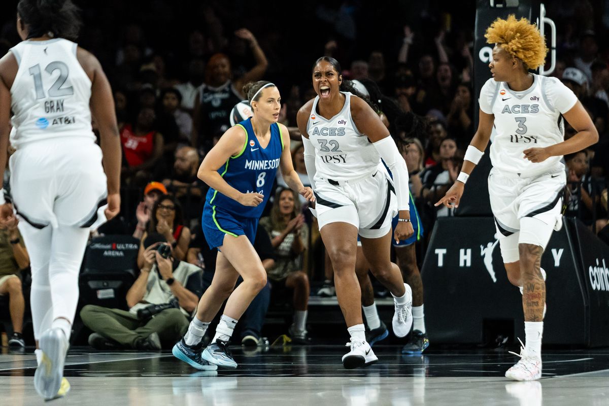 Las Vegas Aces forward Cheyenne Parker-Tyus (32) yells in celebration after an Aces’ scored basket during a WNBA game between the Las Vegas Aces and the Minnesota Lynx, Saturday June 13, 2026 in Las Vegas, Nev. Las Vegas Aces forward Cheyenne Parker-Tyus (32) yells in celebration after an Aces’ scored basket during a WNBA game between the Las Vegas Aces and the Minnesota Lynx, Saturday June 13, 2026 in Las Vegas, Nev.