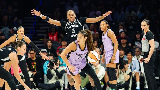 Golden State Valkyries guard Veronica Burton (22) looks for the pass defended by Las Vegas Aces forward Nalyssa Smith (3) on Sunday, June 21, 2026, at Michelob ULTRA Arena in Las Vegas, Nevada. Golden State Valkyries guard Veronica Burton (22) looks for the pass defended by Las Vegas Aces forward Nalyssa Smith (3) on Sunday, June 21, 2026, at Michelob ULTRA Arena in Las Vegas, Nevada.