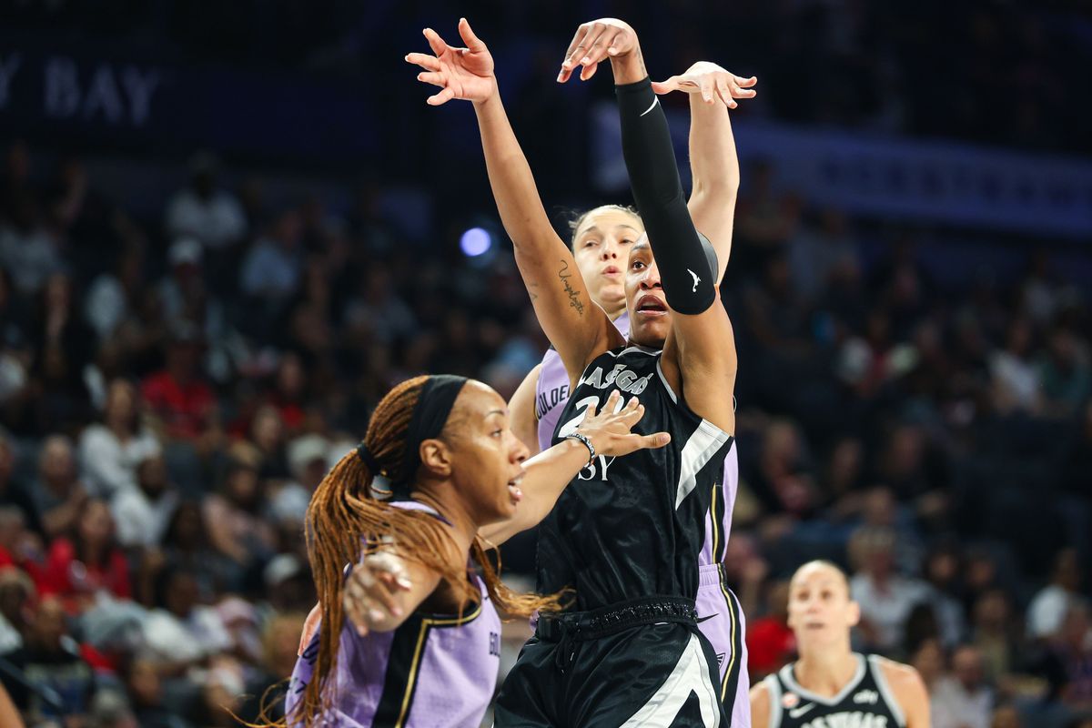 Las Vegas Aces center A’ja Wilson (22) shoots a contested basket against the Golden State Valkyries on Sunday, June 21, 2026, at Michelob ULTRA Arena in Las Vegas, Nevada. Las Vegas Aces center A’ja Wilson (22) shoots a contested basket against the Golden State Valkyries on Sunday, June 21, 2026, at Michelob ULTRA Arena in Las Vegas, Nevada.