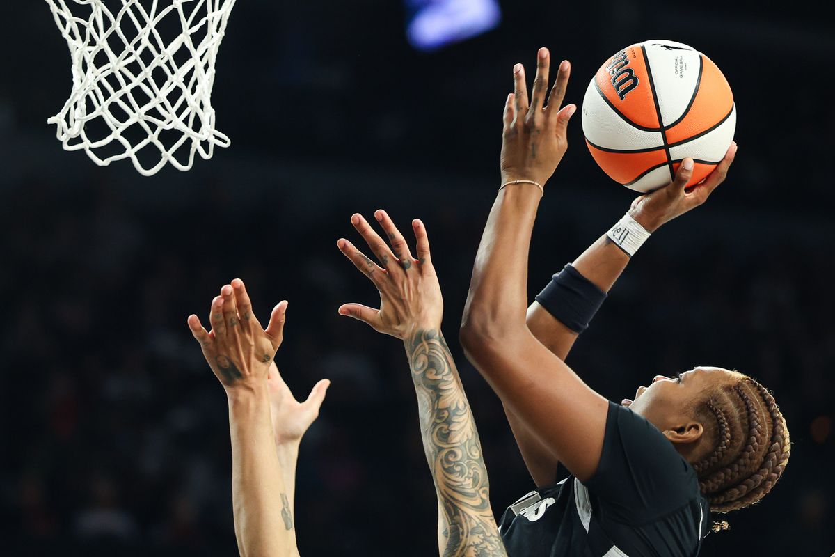 Las Vegas Aces forward Nalyssa Smith (3) shoots the ball off the rebound against the Golden State Valkyries on Sunday, June 21, 2026, at Michelob ULTRA Arena in Las Vegas, Nevada. Las Vegas Aces forward Nalyssa Smith (3) shoots the ball off the rebound against the Golden State Valkyries on Sunday, June 21, 2026, at Michelob ULTRA Arena in Las Vegas, Nevada.
