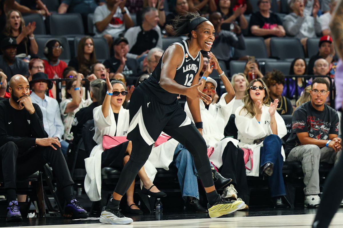 Las Vegas Aces guard Chelsea Gray (12) reacts after her three-point basket against the Golden State Valkyries on Sunday, June 21, 2026, at Michelob ULTRA Arena in Las Vegas, Nevada. Las Vegas Aces guard Chelsea Gray (12) reacts after her three-point basket against the Golden State Valkyries on Sunday, June 21, 2026, at Michelob ULTRA Arena in Las Vegas, Nevada.