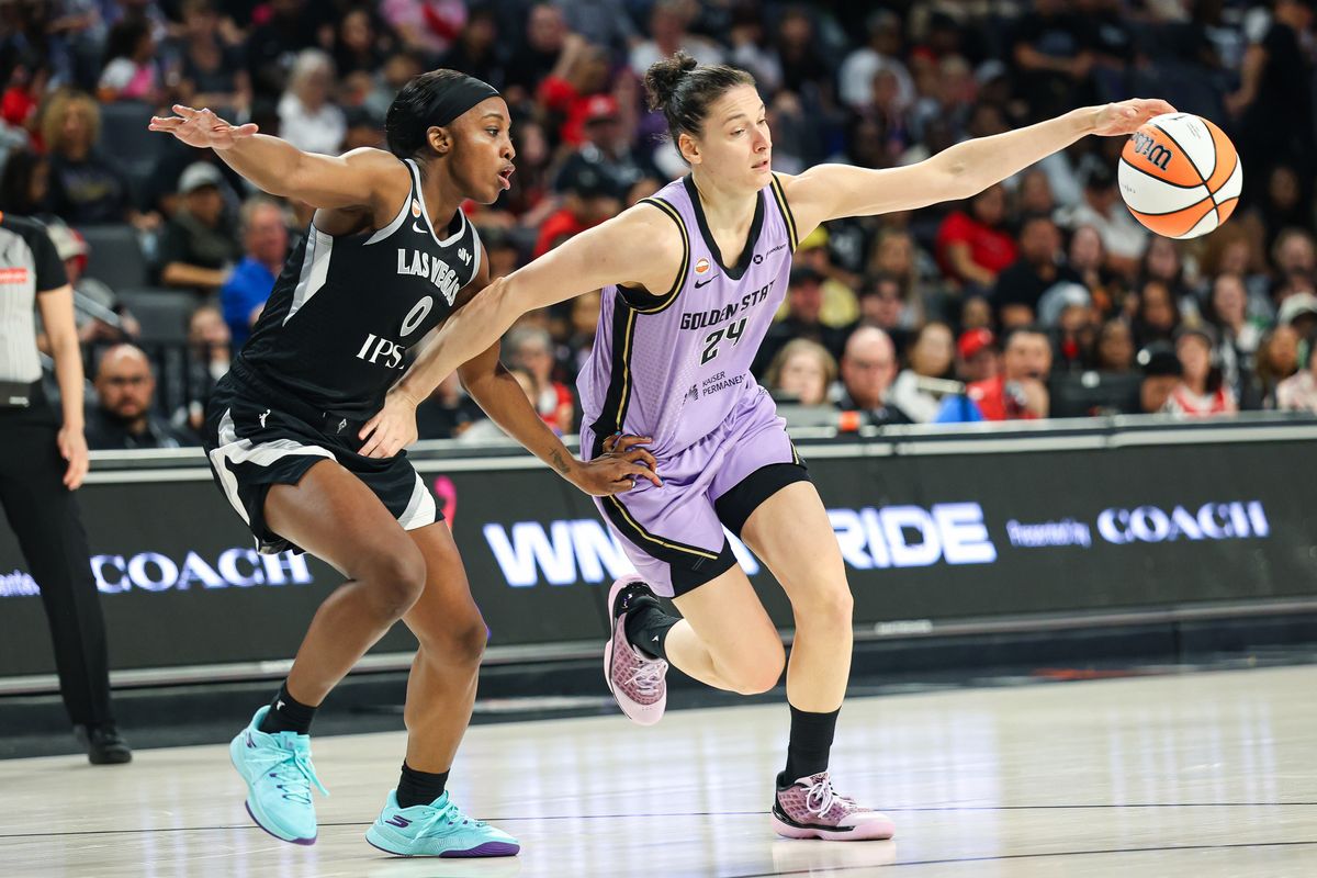 Golden State Valkyries forward Cecilia Zandalasani (24) defends the ball against Las Vegas Aces guard Jackie Young (0) on Sunday, June 21, 2026, at Michelob ULTRA Arena in Las Vegas, Nevada. Golden State Valkyries forward Cecilia Zandalasani (24) defends the ball against Las Vegas Aces guard Jackie Young (0) on Sunday, June 21, 2026, at Michelob ULTRA Arena in Las Vegas, Nevada.