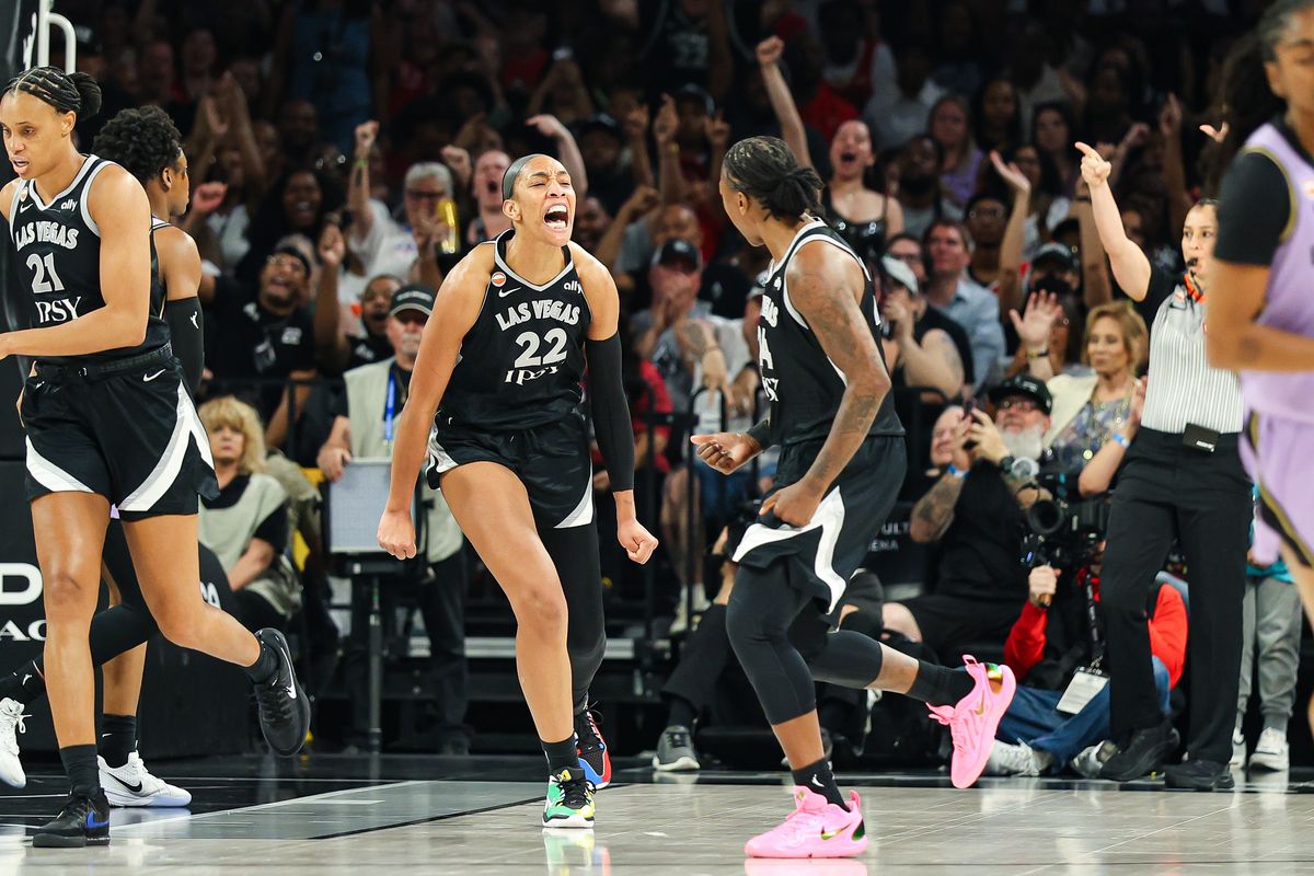 Las Vegas Aces center A’ja Wilson (22) reacts after scoring against the Golden State Valkyries on Sunday, June 21, 2026, at Michelob ULTRA Arena in Las Vegas, Nevada. Las Vegas Aces center A’ja Wilson (22) reacts after scoring against the Golden State Valkyries on Sunday, June 21, 2026, at Michelob ULTRA Arena in Las Vegas, Nevada.