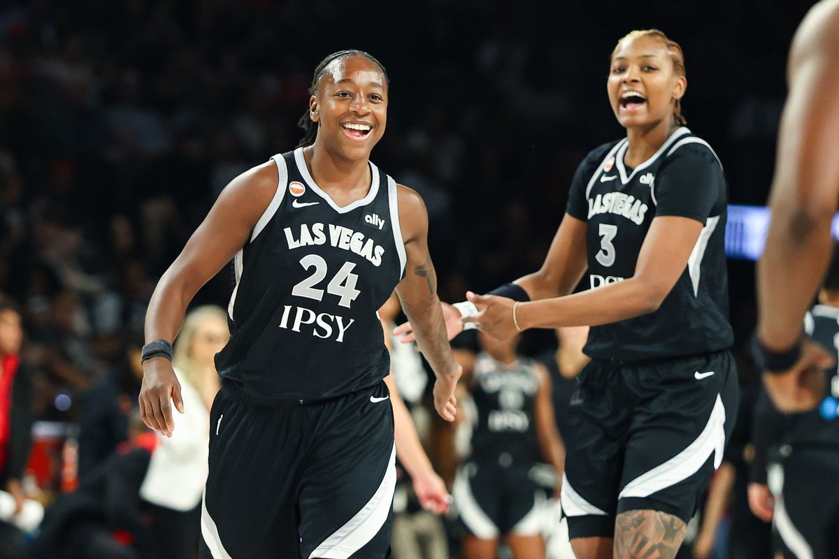 Las Vegas Aces guard Jewell Loyd (24) smiles after a timeout was called following her basket against the Golden State Valkyries on Sunday, June 21, 2026, at Michelob ULTRA Arena in Las Vegas, Nevada. Las Vegas Aces guard Jewell Loyd (24) smiles after a timeout was called following her basket against the Golden State Valkyries on Sunday, June 21, 2026, at Michelob ULTRA Arena in Las Vegas, Nevada.