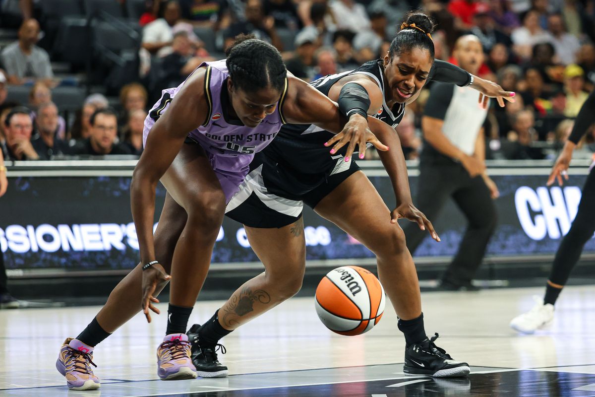 Golden State Valkyries center Nadia Fingall (45) forces the turnover from Las Vegas Aces forward Cheyenne Parker-Tyus (32) on Sunday, June 21, 2026, at Michelob ULTRA Arena in Las Vegas, Nevada. Golden State Valkyries center Nadia Fingall (45) forces the turnover from Las Vegas Aces forward Cheyenne Parker-Tyus (32) on Sunday, June 21, 2026, at Michelob ULTRA Arena in Las Vegas, Nevada.